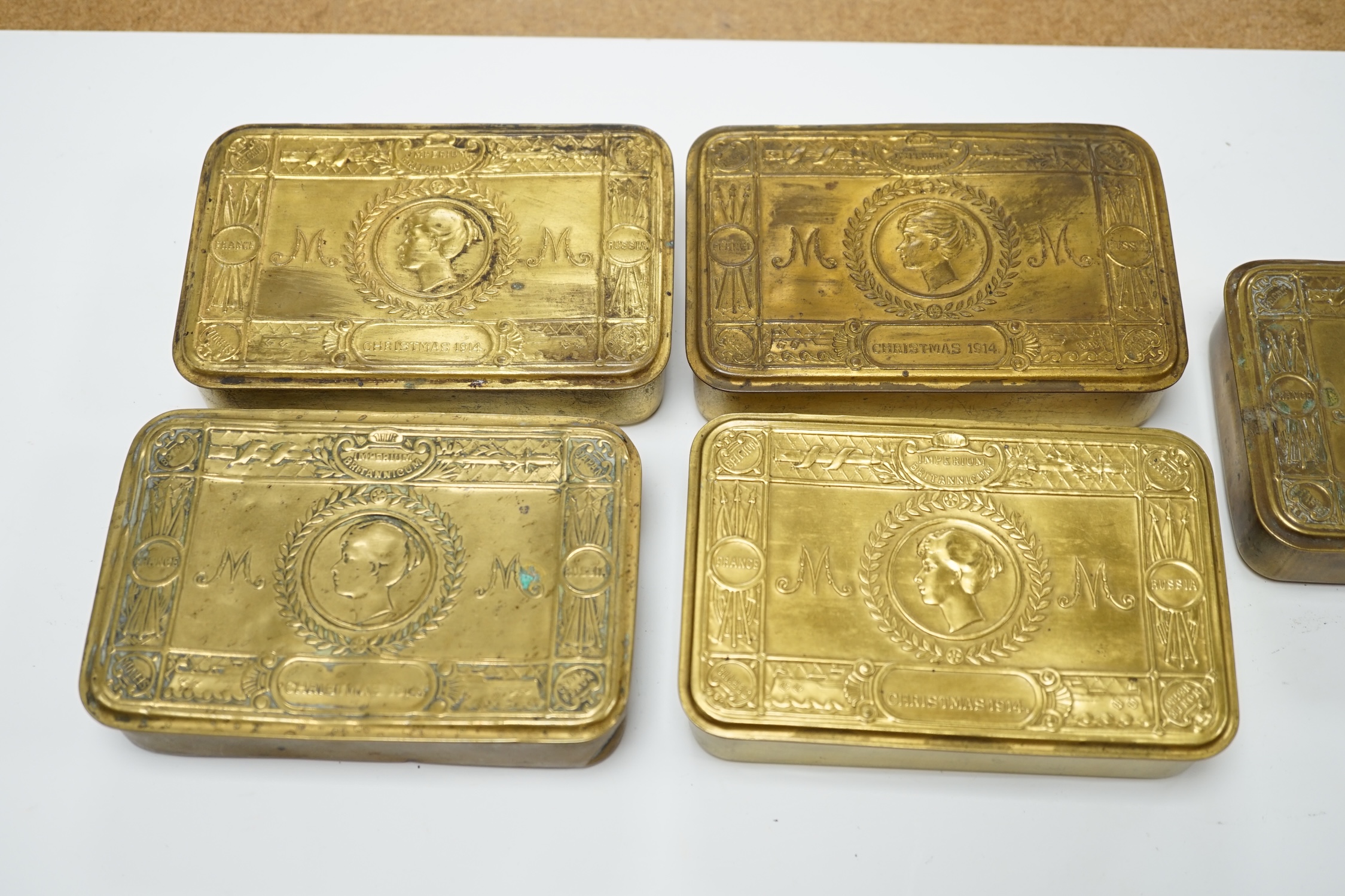 Five First World War Princess Mary Christmas 1914 tins. Condition - fair, contents missing
